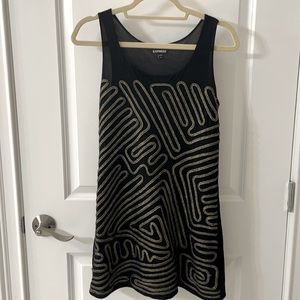 Express, black party dress with gold-thread design, size M